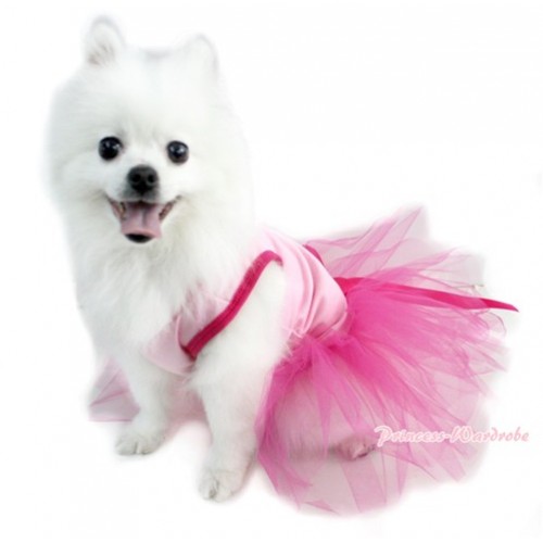 Light Pink Sleeveless Hot Pink Gauze Skirt With Hot Pink Rhinestone Bow Pet Dress DC039 